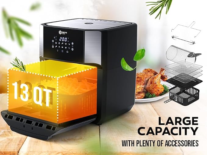 Balter Air Fryer Oven 6-in-1, 13 QT XXL Airfryer, stainless steel, Touchscreen, Rotisserie, Food Dehydrator, Convection Oven, Bake, Broil, Reheat, Windowed Door, Recipe Book