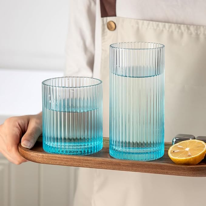 Ribbed Drinking Glasses 8pcs, 12oz and 10oz Glassware, Tumbler Glasses Cup Set for Wedding, Party, Christmas Gift, Blue