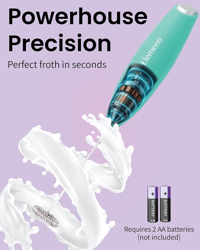 Elementi Milk Frother Wand - Powerful Hand Frother for Coffee - Handheld Electric Whisk, Milk Foamer, Mini Whisk & Coffee Blender for Frappe, Lattes, and Matcha (Mint Green)
