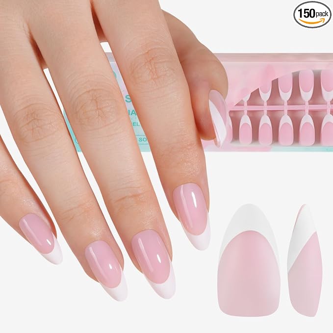 Misssix 150Pcs French Tip Press on Nails Medium Almond Pink Gel Fake Nails | No Need to File Tips Pre-lasting, Fake Nails for Nail Art DIY 15 Sizes