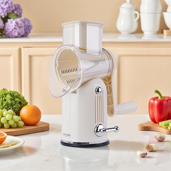 Rotary Cheese Grater with Handle, 5-Blade Cheese Shredder, BPA-Free (White) | Cheese Grater Hand Crank Slices, Shreds & Grates – Features Strong Suction Base, Stainless-Steel Blades & Easy Clean-Up