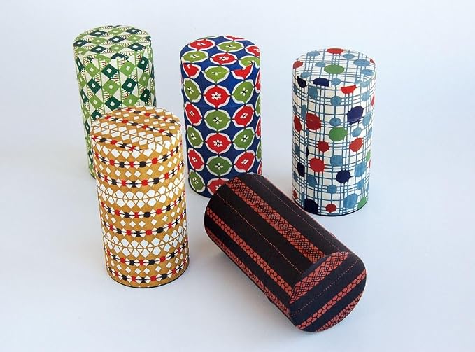 Japanese Pokkan Matcha Coffee Spice Tea Tin Canister Washi Paper Storage with Lid 7.05 oz Capacity (Shima)