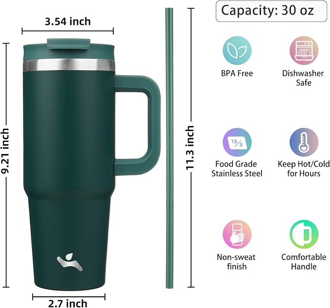 Konokyo 30 oz Insulated Tumbler Water Bottle with Handle, Straw Lid | BPA-free and dishwasher safe; made for gym, travel, coffee and gifting, 2 straws, cup holder friendly,Dark Green