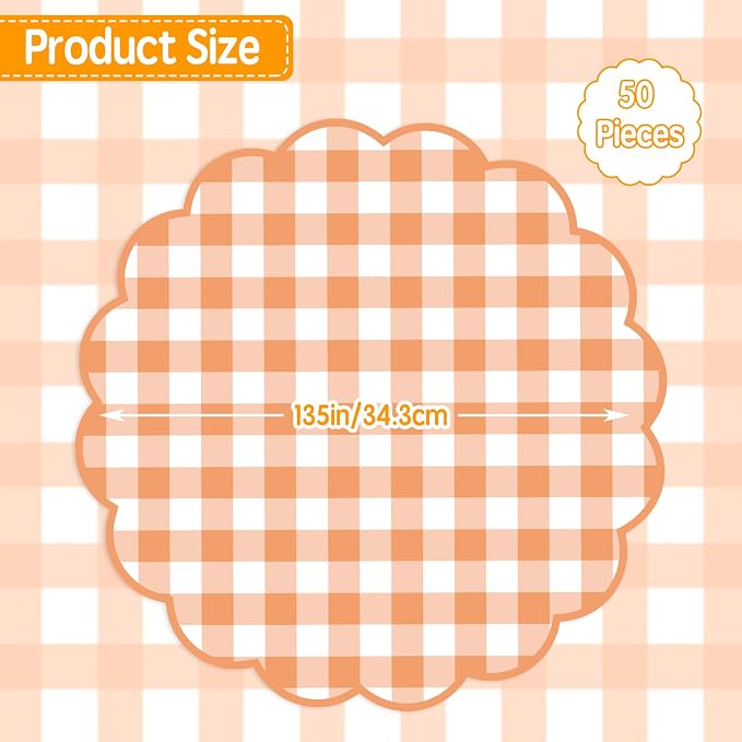 50 Pcs Fall Paper Placemats, 13.5 Inch Orange Gingham Paper Placemats Fall Scalloped Placemat for Autumn Thanksgiving Home Wedding Birthday