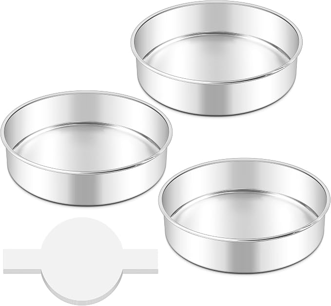 LIANYU 8 Inch Cake Pan Set of 3, Round Baking Pans for Layer Birthday Cake | Non Toxic Stainless Steel, Bakeware Tin with 90 PCS Parchment Paper for Wedding Christmas Party, Leak-proof & Dishwasher Safe