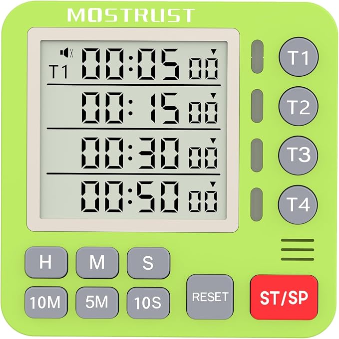 Digital Dual Kitchen Timer, Multiple Channels Countdown Timer | 4-Groups Timer with Magnetic-Back Memory-Preset Large Display Adjustable Alarm Volume, 3A Battery Included, Ideal for Cooking