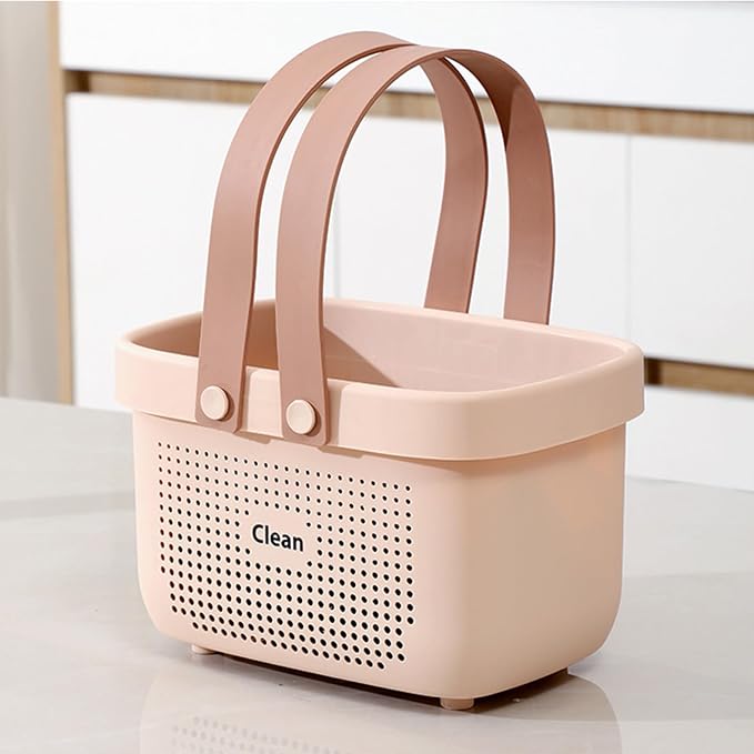 Portable Shower Caddy Basket with Handles Plastic Storage Basket Small Pink | Sturdy Drainage Large Capacity Organizer Basket with Silicone Handles for Bathroom Kitchen Bedroom College Dorm Essentials