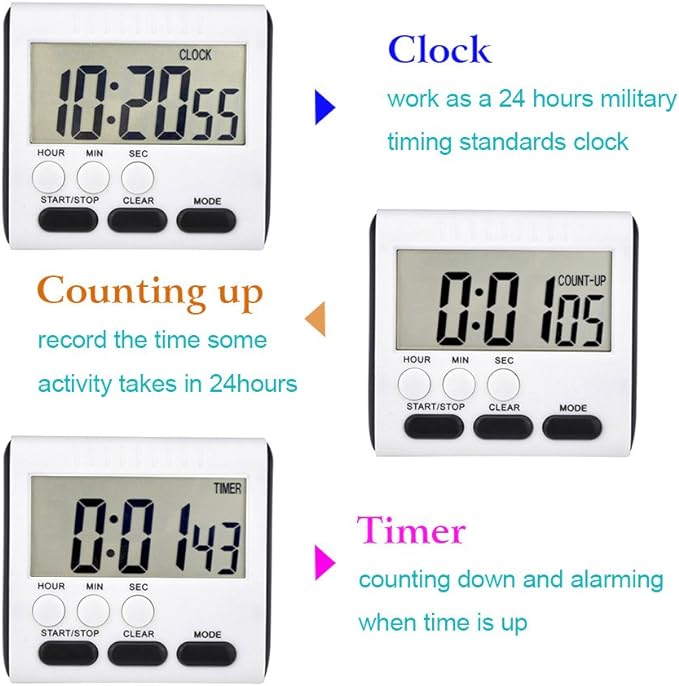 Mudder 3 Pack Digital Kitchen Timer for Cooking, Big Digits, 24 Hour Magnetic Backing Stand Kitchen Timers Clock for Classroom Kids Teachers, Loud Alarm and Big Screen (Black and White)