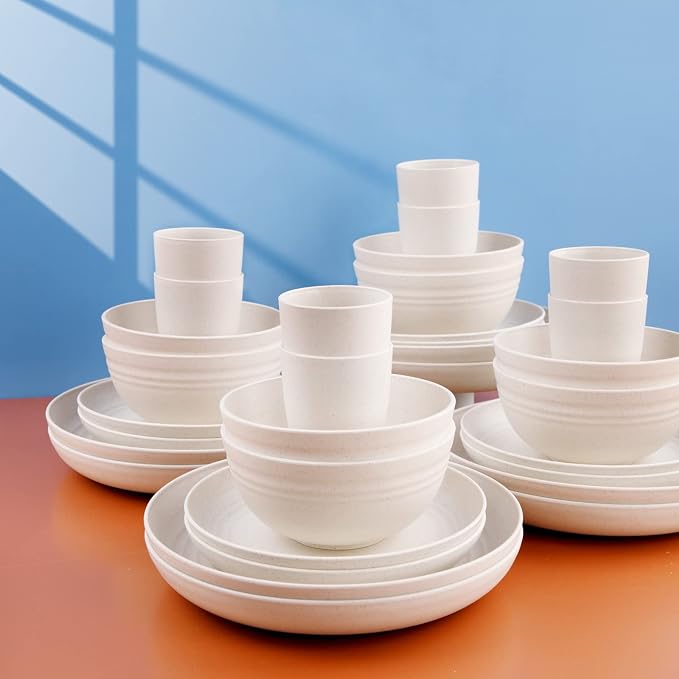 32Pcs Beige Wheat Straw Dinnerware Set Service For 8 Shatterproof | Elegant Cream Wheat Straw Plastic Dinnerware Set Includes Shatterproof Plates And Bowls For Rv Camping And College Dorm Use