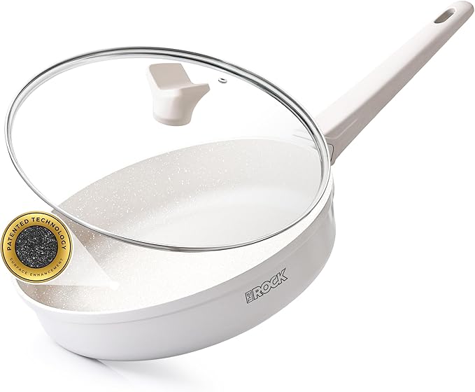 THE ROCK SOHO 9.5-Inch Non Stick Frying Pan with Lid–Nothing Sticks, Never Warps, Lasts Longer, Ceramic Non Toxic Skillet with Heat-Resistant Handle, PTFE PFOA&PFAS Free, Dishwasher Safe, Cream