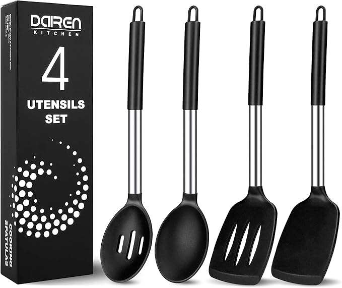 Large Silicone Cooking Spatulas and Spoons, BPA Free, 4 Pack (Black) | Slotted & Solid Stainless Steel Cooking Utensils Set, Non-stick Heat Resistant Kitchen for Baking, Fried, Stir-Fry, Serving