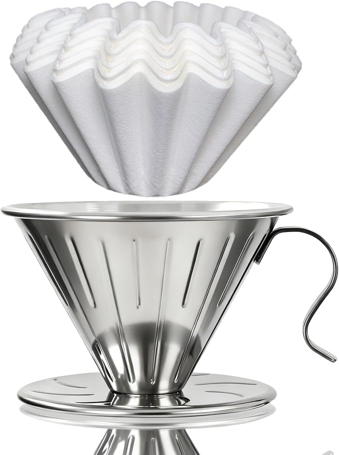 AGOGO Stainless Steel V60 Coffee Dripper & 50 Paper Filters, Sliver | Unbreakable carafe for kitchen RV camp and office, includes barista towel, lead-free food grade 304 stainless steel