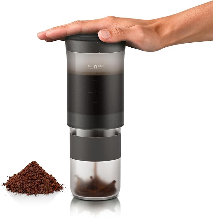 WACACO Prestina French Press Coffee Maker, Allin-one, Coal Black | Built-in stainless steel filter, Patented Cup-press Mechanism, Duck Valve Flow System, Cafetiere for Outdoor, 240ml