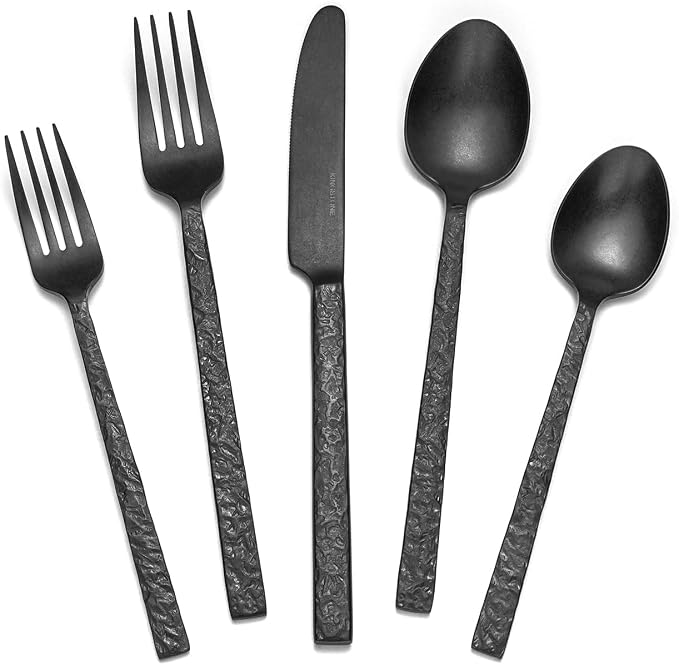 30 Pcs Black Hammered Silverware Set for 6, 18/10 Stainless Steel Heavy Duty Flatware Set, Tableware Cutlery Utensil Sets for Home Restaurant Dishwasher Safe