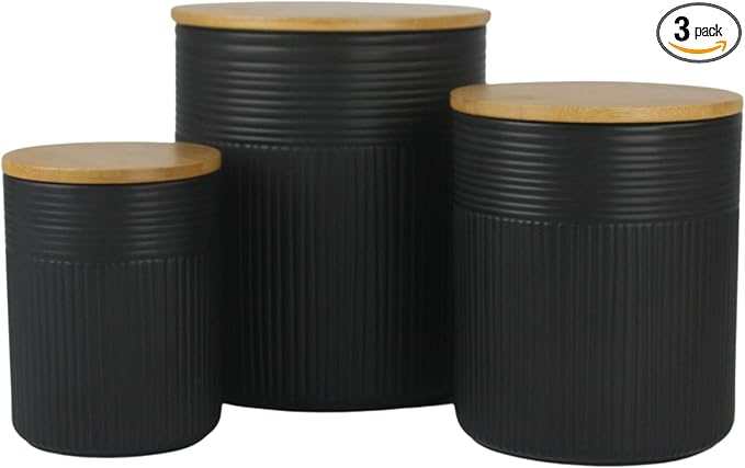 10 Strawberry Street Luca Matte Black Embossed Ceramic Kitchen Canister Set, Set of 3, Bamboo Lids