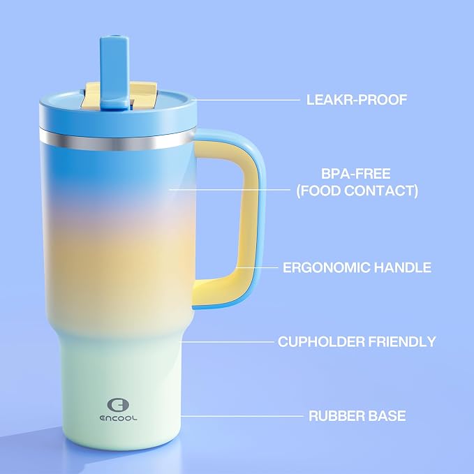 ENCOOL 32 oz Tumbler with Handle and Straw: Stainless Steel Insulated Tumbler Keeps Cold for 24 Hours, Leakproof Travel Cup Fits in Cup Holder and BPA-Free, Sunny Breeze