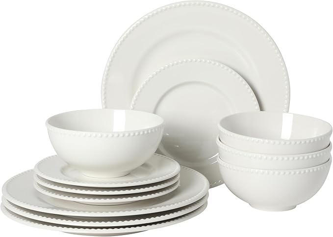 Gibson Home Caviara Plates and Bowls Set, 12-Piece Dinnerware Set, White Round Beaded Rim Ceramic Dish Set, Dinner Plates, Salad Plates & Cereal Bowls