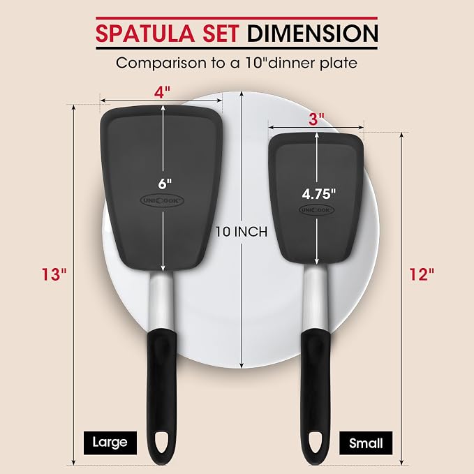 Unicook 4 Pack Flexible Silicone Spatula, Turner, 600F Heat Resistant, Ideal for Flipping Eggs, Burgers, Crepes and More, Black
