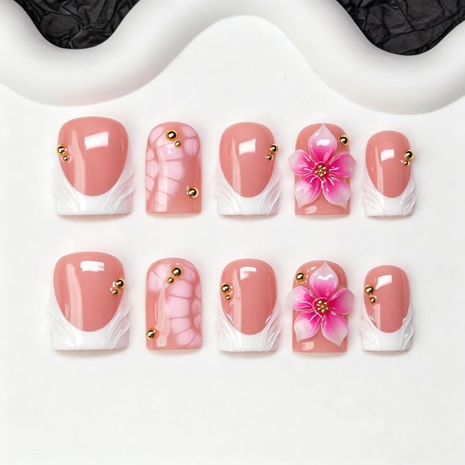 Press on Nails Handmade 3D Pink White Gradient Flower False Nails Short Square Fake Nail Glossy White French Tip Elegant Floral Style Thick Acrylic Nail Salon Quality Stick on Nails for Women (S)