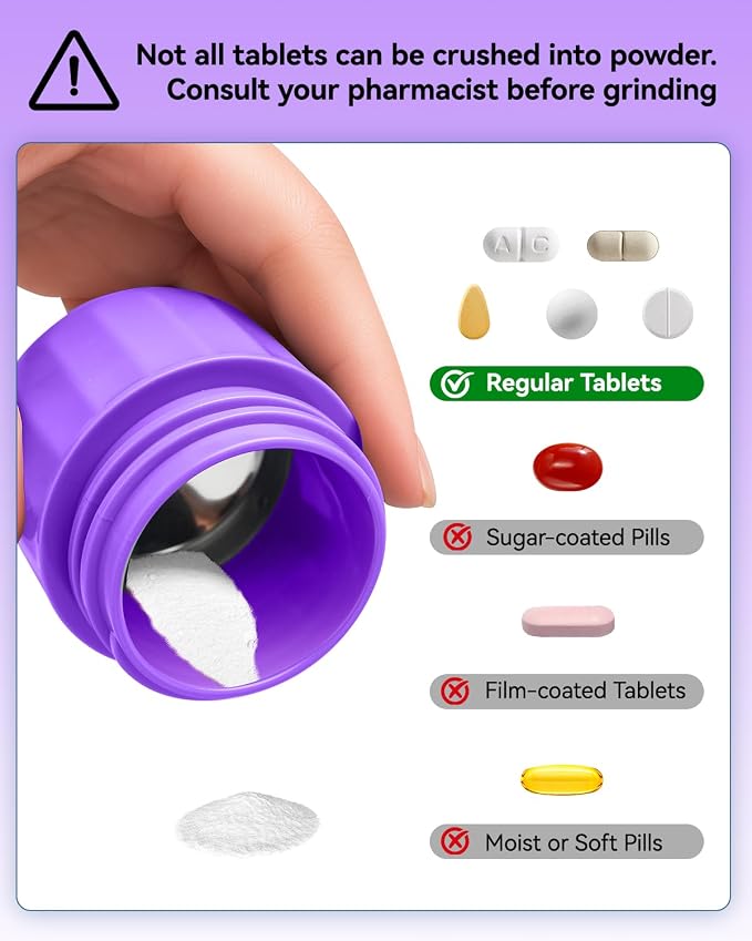 3-in-1 Pill Crusher & Cutter for Fine Powder, Portable - Purple | Features Stainless Steel Grinding Pestle for Fast Fine powder. Easy Open Pill Cutter & Crusher for Elderly and Pets.