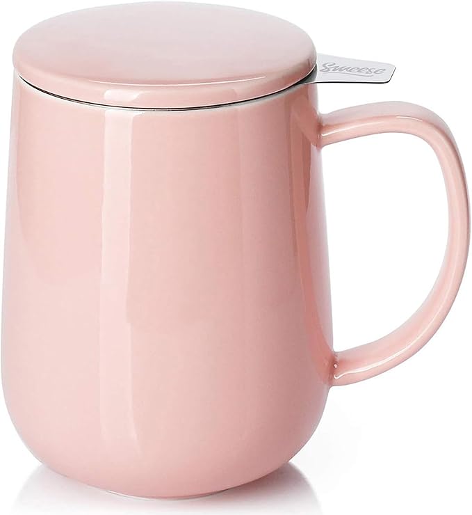Sweese 20 OZ Porcelain Tea Mug with Infuser and Lid, Loose Leaf Tea Cup, Gifts for Tea Lover - Pink