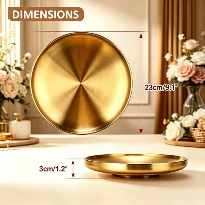 Gold Decorative Serving Tray, 304 Stainless Steel Double-Layer Hollow Bowl, Anti-Scald & Heat-Resistant, Multipurpose Fruit Bowl Jewelry Dish Candle Plate for Dining Table Bathroom Home（9.1inch）