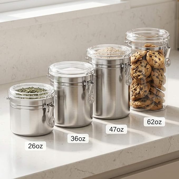 QWORK 4 Pack Stainless Steel Kitchen Storage Canister, Airtight Flour Clamp Canister, 26oz, 36oz, 47oz, 62oz