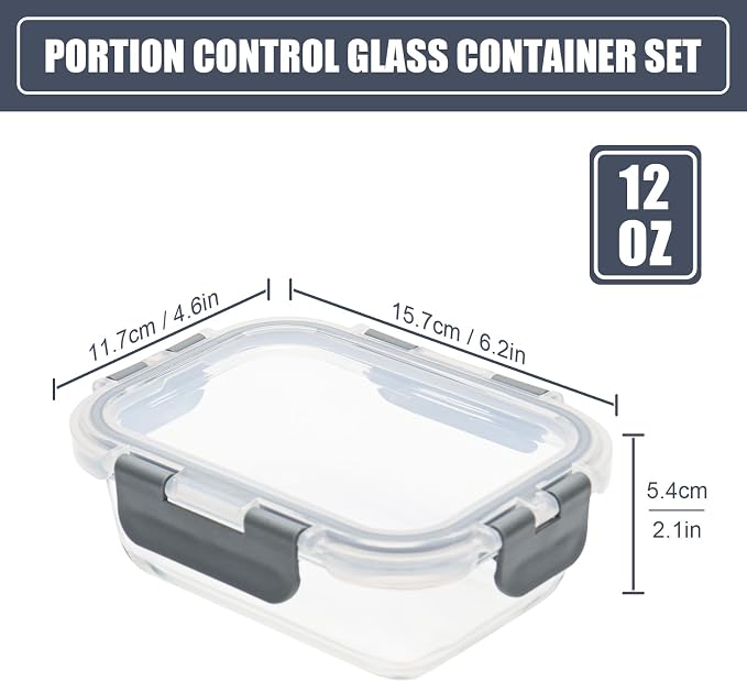 6pack 12oz Small Glass Meal Prep Containers with Airtight Lids | Perfect for Small Portions, Glass Food Storage Containers with Snap Lids, Freezer to Microwave Safe, Dishwasher Safe