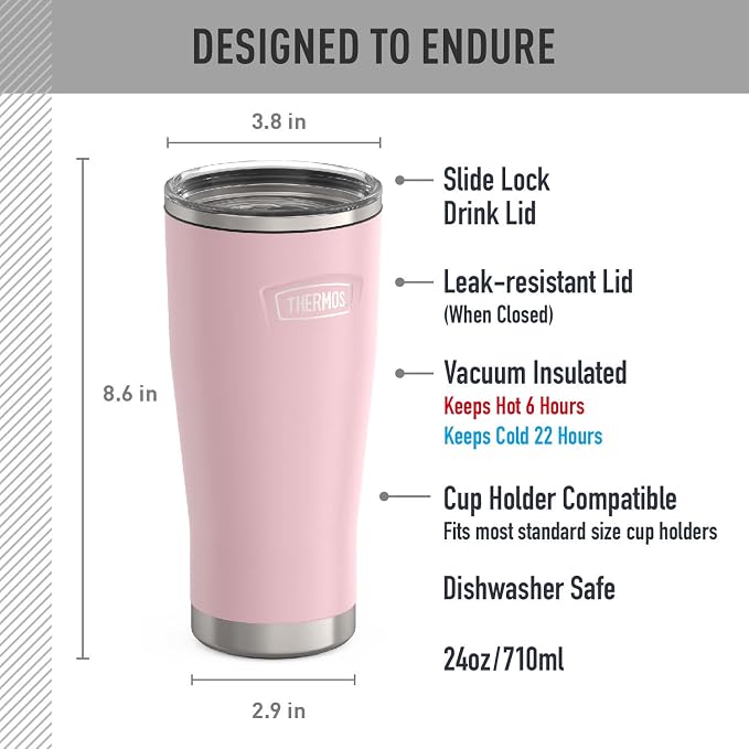 THERMOS Icon Series 24oz Stainless Steel Tumbler with Slide Lock Lid, Leakproof, Fits Cupholder, Dishwasher Safe, Griptec™ Non‑Slip Base, Keeps Drinks Hot 6 Hrs/Cold 22 Hrs, Sunset Pink