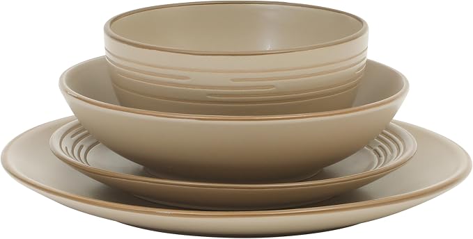 Gibson Home Chiswick House 16-Piece Stoneware Dinnerware Set, Round Plates and Bowls Set for 4, Beige with Wax Relief Embossed Rim Detail, Dishwasher Safe – Dinner Plate, Salad Plate & Cereal Bowl