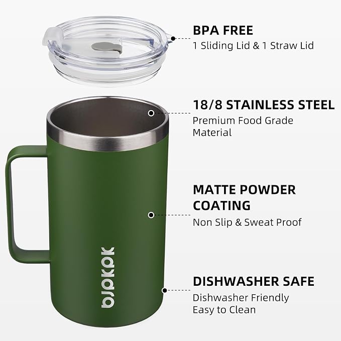 BJPKPK 25oz Insulated Coffee Mug with Handle, Stainless Steel Travel Mug | Keeps Drinks Hot & Cold, Double Wall Vacuum, 2 Lids Included, BPA-Free Coffee Tumbler for Home, Office & Travel