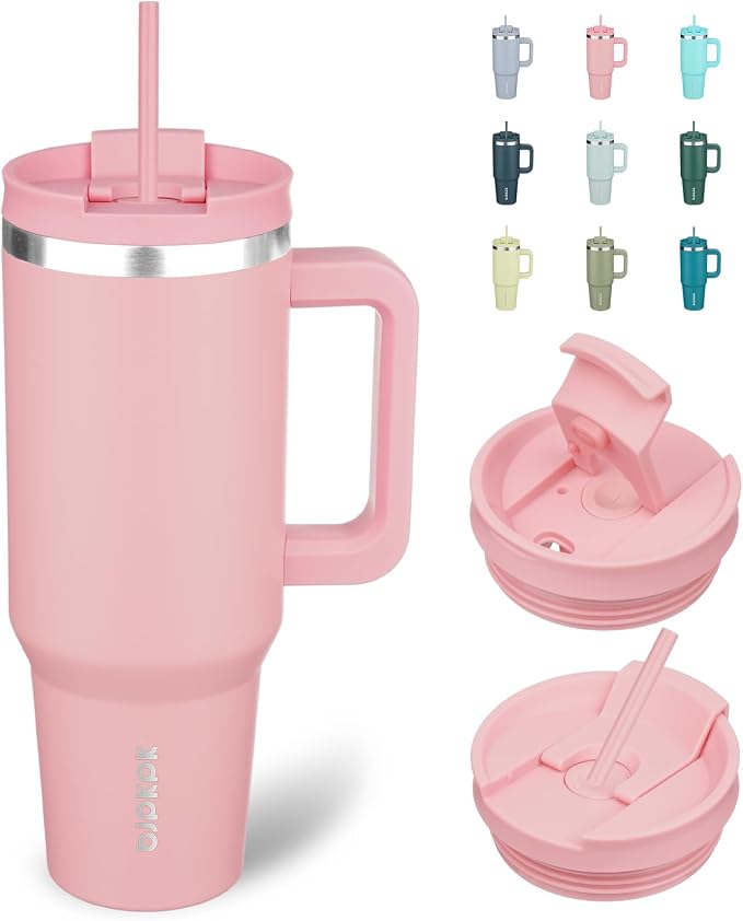 BJPKPK 40 oz Insulated Tumbler with Handle & Straw, Stainless Steel | Double Wall Vacuum Insulation, Leak Proof, BPA Free, Dishwasher Safe, Cupholder Friendly, Travel & Outdoor, Light Pink