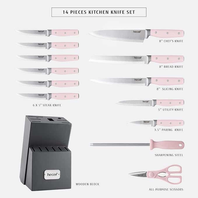 hecef Kitchen Knife Block Set, 14 Pieces Knife Set with Wooden Block & Sharpener Steel & All-purpose Scissors, High Carbon Stainless Steel Cutlery Set (Pink) | Wooden Block, Sharpener Steel, All-purpose Scissors, High Carbon Stainless Steel