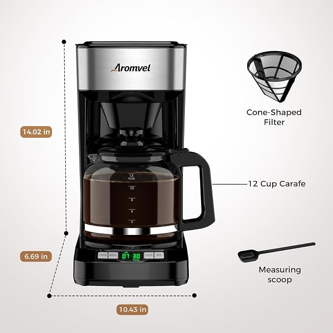 12 Cup Programmable Coffee Maker, 24-Hour Delay Brew, Drip Coffee | Large 1.8L Water Tank, Drip Coffee Machine with Glass Carafe & Reusable Filter, Measuring Spoon, 4-Hour Auto Keep Warm