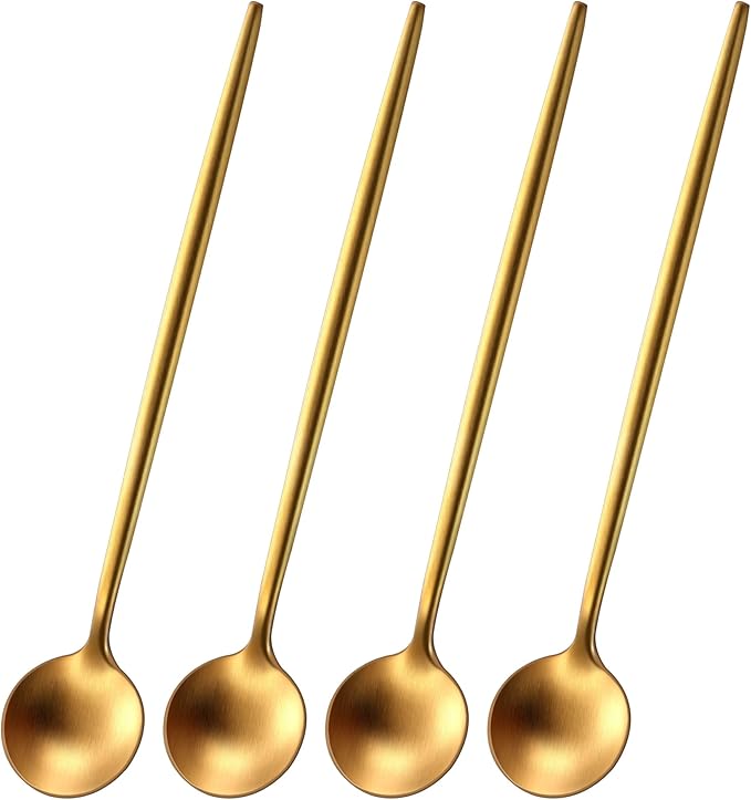 DEHOV Satin Gold 6.7 Inches Coffee Spoon,4 Pieces Stainless Steel 18/10 Tea Spoons Set,Solid Round Handle Coffee Stirring Spoon,Durable Dishwasher Safe Long Handle Ice Cream Spoons,Teaspoon