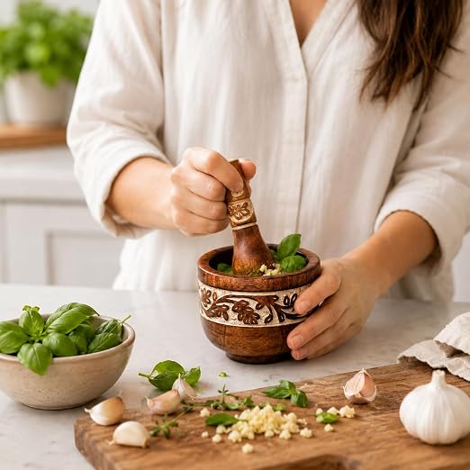 Handmade Wooden Mortar & Pestle Set, Herb Spice Garlic Masala Grinder Bowl | Rustic manual kharal crusher for ginger, peppercorns, seasonings, pesto, guacamole, pill crusher, easy to clean, kitchen prep