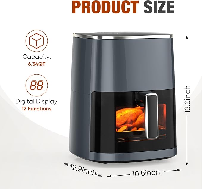 Sweetcrispy Air Fryer 6 Quarts with Window, 12-in-1 Square Airfryer Oven for Family, 400°F Rapid Air Crispy Technology, Roast Bake Dehydrate, Nonstick & Easy-Clean Basket