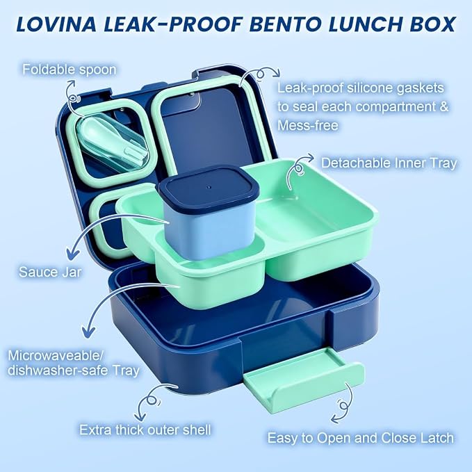 Bento Lunch Box Set For Kids Adult With Thermo Bag, BPA-Free, Leak-proof | 36 OZ Durable, All-In-One Lunch Box Kids Kit With DIY Stickers Sauce Cup, Dishwasher Safe(Blue)