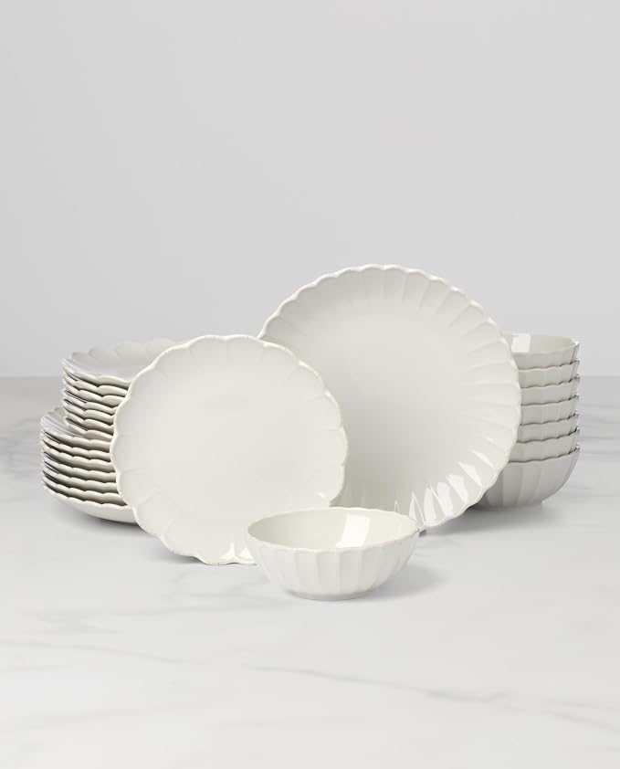 Lenox French Perle Scallop White Stoneware 24-Piece Dinnerware Set for 8 | dishwasher safe | plates and bowls sets for kitchen and dining | 11 inch plate, dish set, dishes | 2.25 inch, 16oz