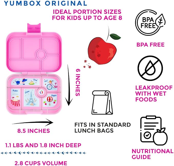 Yumbox Original Leakproof Bento Box, 6 Compartments, Power Pink Paris | Built-In Dip Well | Easy-Open Single Latch | Removable Tritan Tray | Fits Most Lunch Bags | Dishwasher-Safe Tray