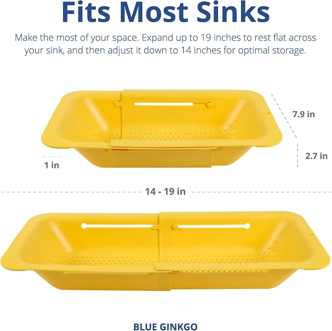 Blue Ginkgo Over Sink Colander, Extendable Kitchen Strainer, Yellow | Fits Most Sinks. Rinse, Drain and Dry with Ease.