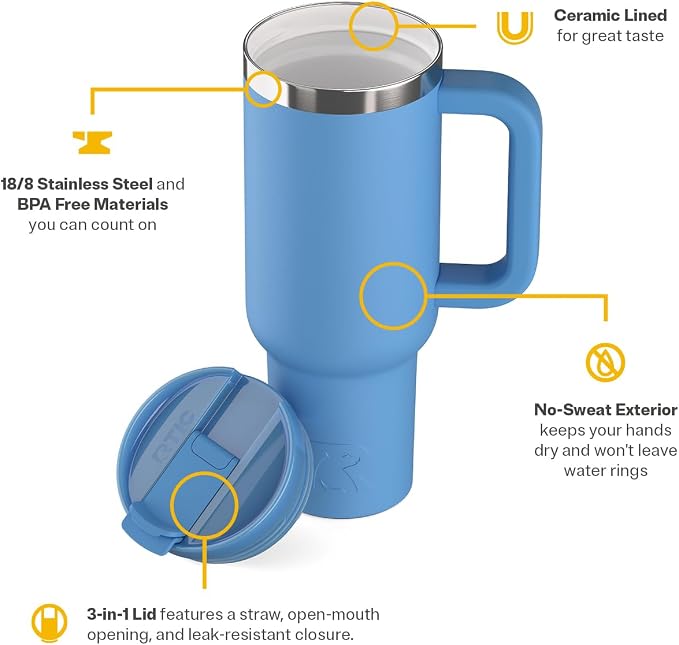 RTIC 40 oz Road Trip Tumbler Double-Walled Insulated Stainless Steel Portable Travel Coffee Mug Cup with Lid, Handle and Straw, Denim