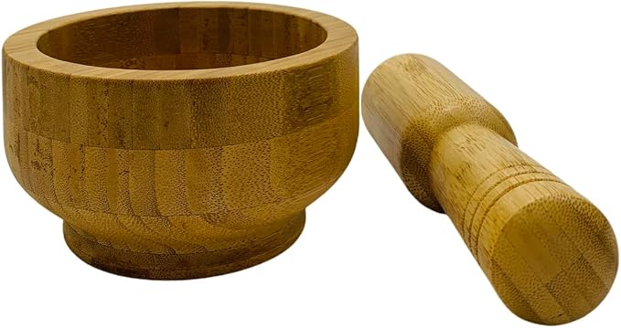 5 Inch Bamboo Mortar and Pestle Set, Wooden Herb Grinder Bowl for Garlic Ginger Spices Seeds Pepper Coffee, Manual Spice Crusher Grinding Bowl