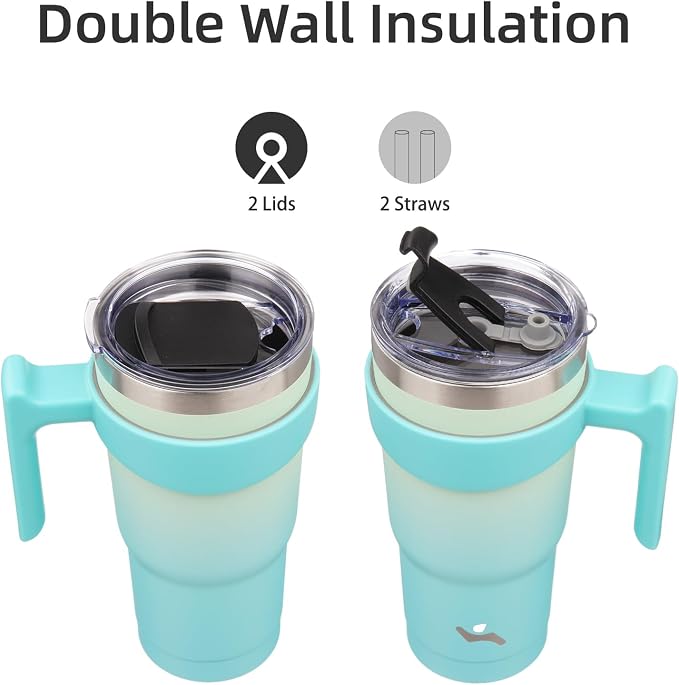 Konokyo 20 oz Tumbler with Handle and Straw, Insulated Travel Mug | Mint; BPA-free, leak-proof tumbler with 2 lids, 2 straws, cup holder fit for coffee, office, travel & daily use