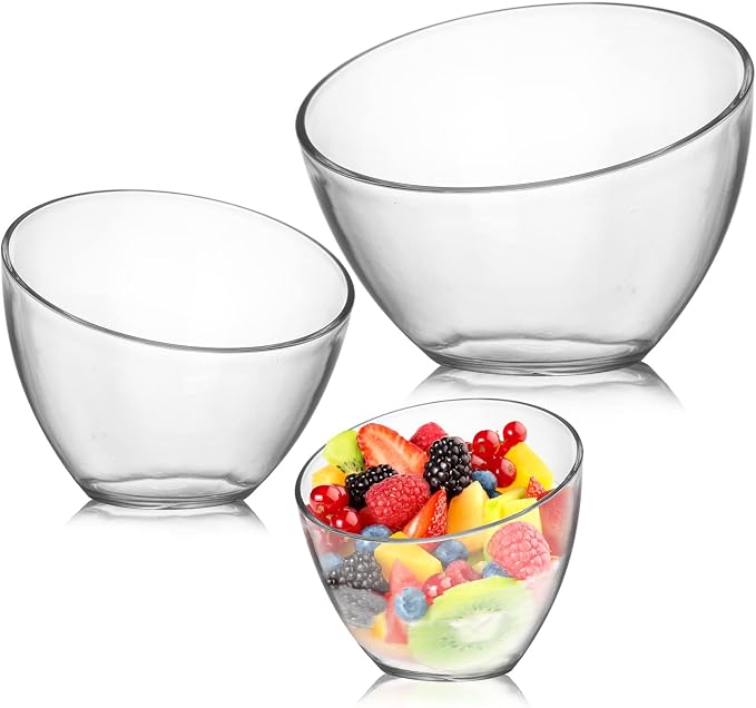 Lyellfe 3 Pack Plastic Salad Bowls, Thick Acrylic | Angled Serving Bowl, Clear Candy Snack Bowls for Parties, Chips, Fruit, Prep, Assorted Sizes