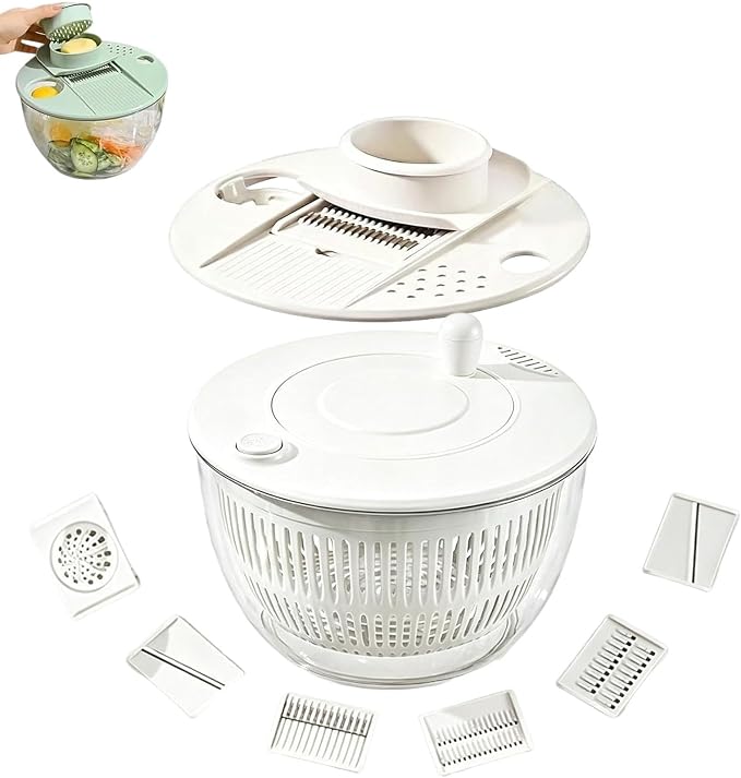 Large Capacity Multi-Function Salad Spinner with Quick Stop Button, Salad Spinner Stainless Steel, Salad Spinner Large, with 5 Blade Slicer Egg Yolk Strainer Shredder (White)
