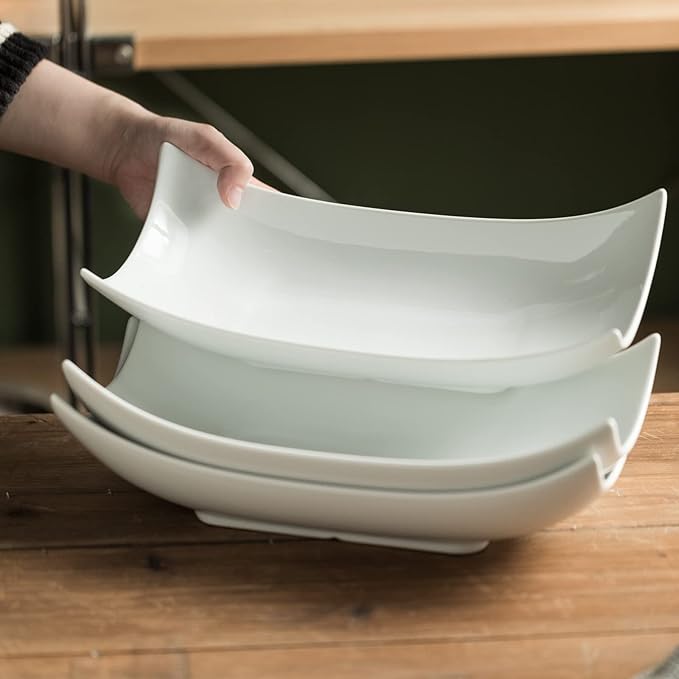Gomakren 12 Inch White Porcelain Serving Platter Dishes Set of 3 Deep Bowl | Large capacity, heat resistant, curved anti-spill rims, stackable storage, for turkey salad Thanksgiving party entertaining