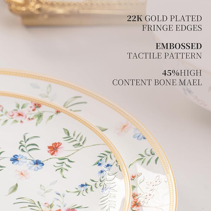 FHGNYSM Dinnerware Set for 4 (English Garden Style) | 12-Piece Porcelain Lightweight Plates and Bowls Sets , Kitchen Dinner Set with Whisper of Golden Banding