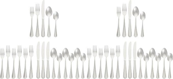Amazon Basics Silverware Set, Stainless Steel Flatware, Dishwasher Safe, Service for 4, 20-Piece Forks and Spoons, Crown Edge, Everyday Use (Pack of 2)