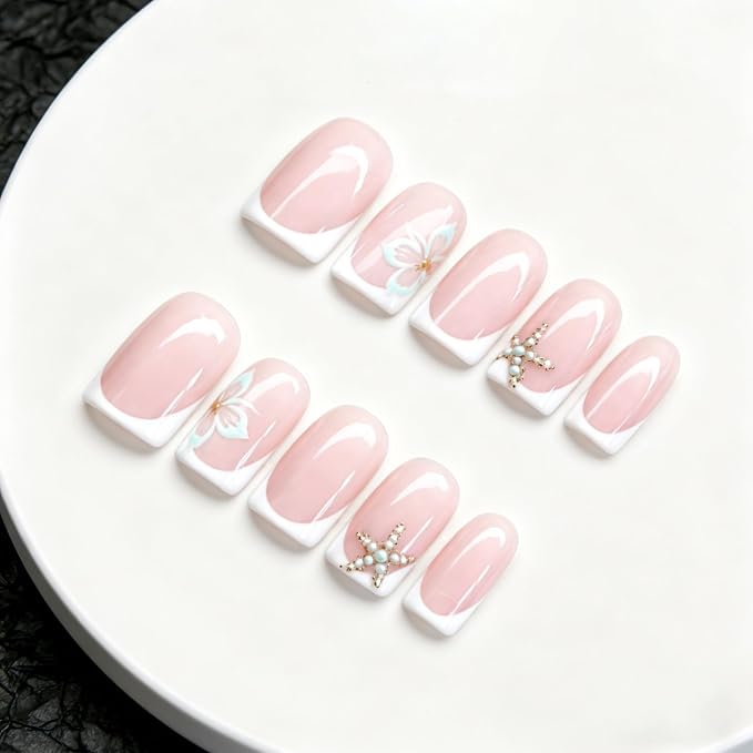 Summer Press on Nails Muti-Layer Gel Thick Handmade Press on Nails Short Square White French Tip Acrylic Nails Beach Starfish Fake Nail Designs Full Cover Ocean False Nail for Women (S)
